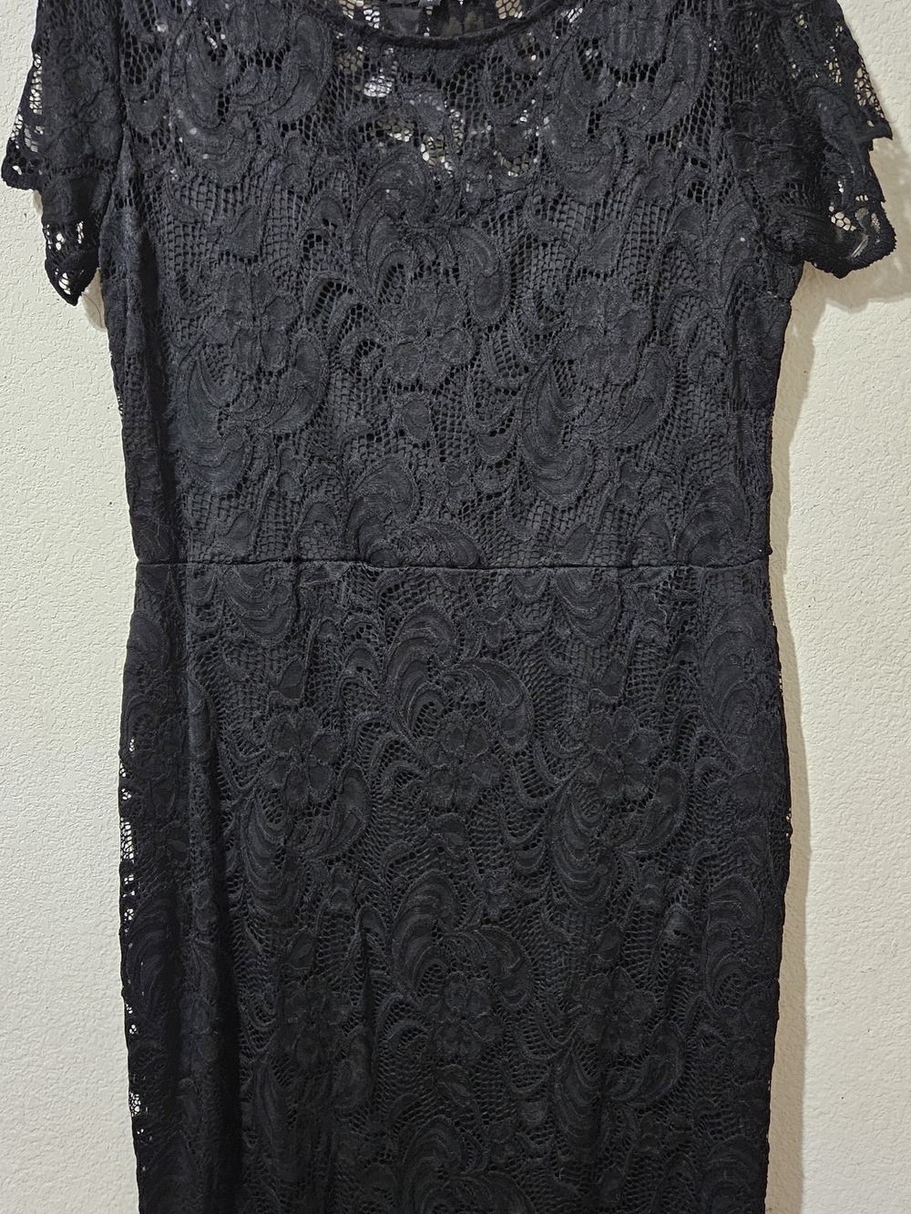 Ambiance Black Lace Sheath Dress with Short Sleeves